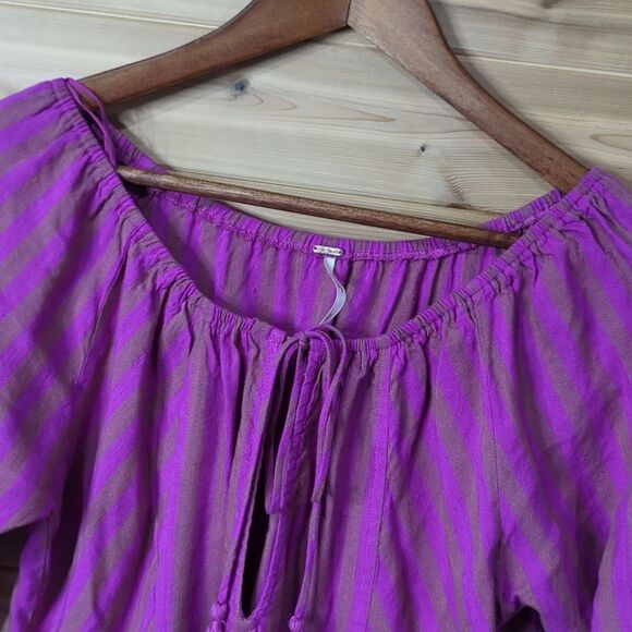 Free People Dress Womens Small Purple Folk Town Linen Blend Fuchsia Striped Mini - Picture 3 of 9
